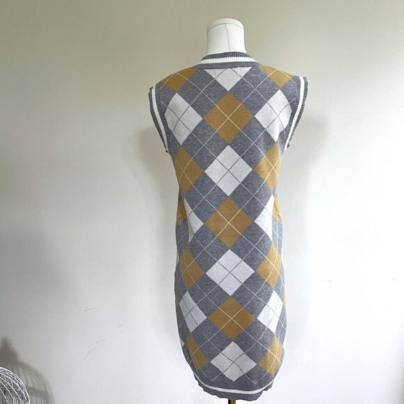 Sweater Knit Vest Dress Argyle V Neck Womens S Academia Preppy Y2K Schoolgirl - Picture 3 of 10